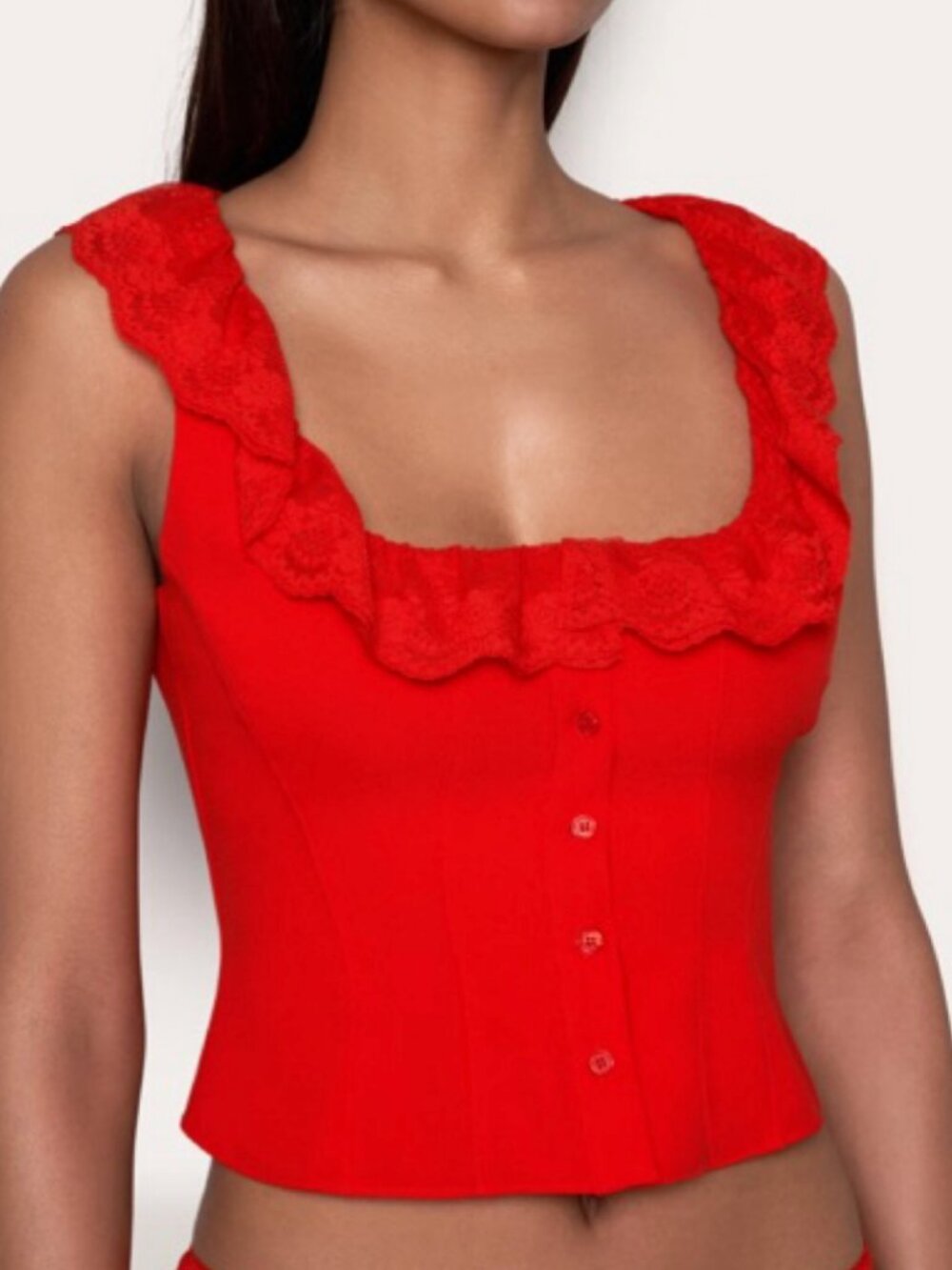 Danielle Guizio Paloma Lace Top XS Corset Tank Button Flutter Scoop Red Poppy